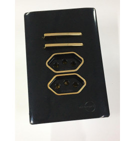 Conjunto Interruptor Duplo Simples + Tomada Dupla 10a (Especial) 4x2 - Novara Preto Brilhante Gold